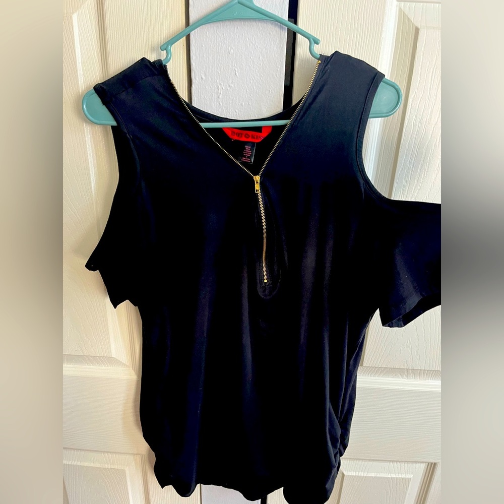 Peek-a-boo shoulder top with front zip